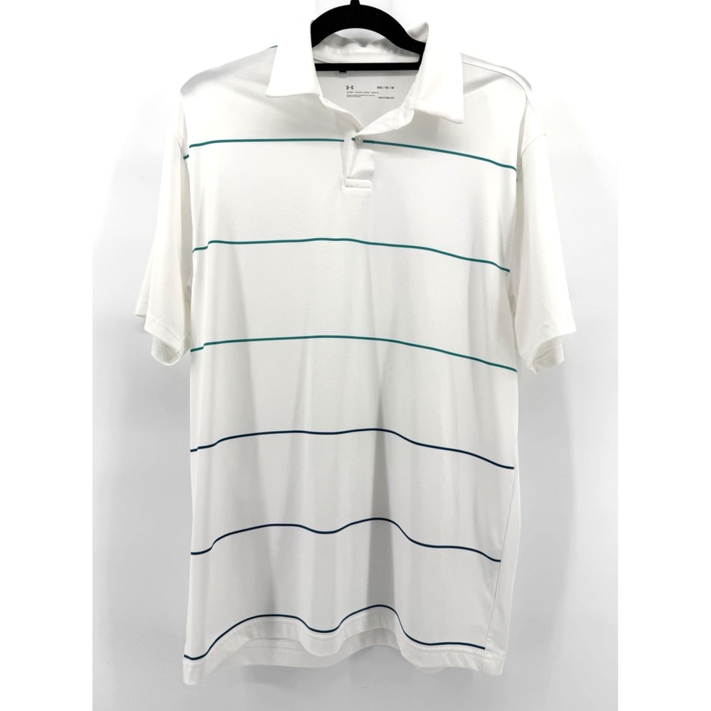 Under Armour Polo Shirt Men M White Like New HeatGear Loose Fit Striped Golf